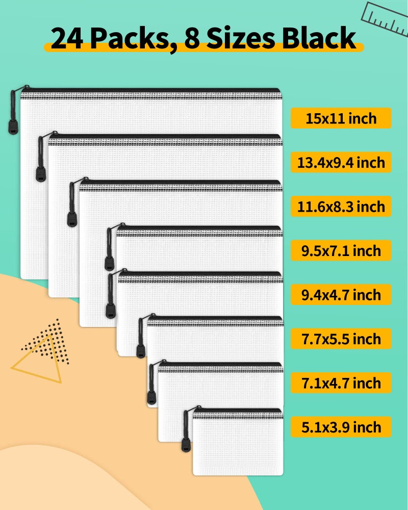Smarpau Mesh Zipper Pouch, 24 Pack 8 Sizes Plastic Zipper Pouches for Organizing, Multipurpose Waterproof Zipper Bags for Travel, Office, Home Storage, Black - Image 2